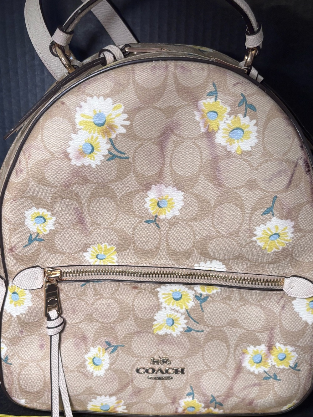 COACH Beige Floral Signature Canvas Mini Backpack with Yellow Daisies